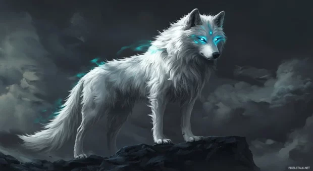 With piercing blue eyes, the animal stands strong in this powerful white wolf wallpaper.