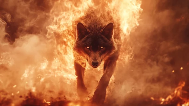 With smoke swirling around its legs, a fierce wolf walks through fire.