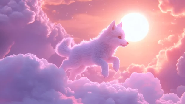 With soft glowing clouds, a wolf pup floats in the sky, perfect for a dreamy cute wolf wallpaper.