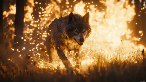 With sparks flying, a fierce battle worn wolf charges through a field of fire.