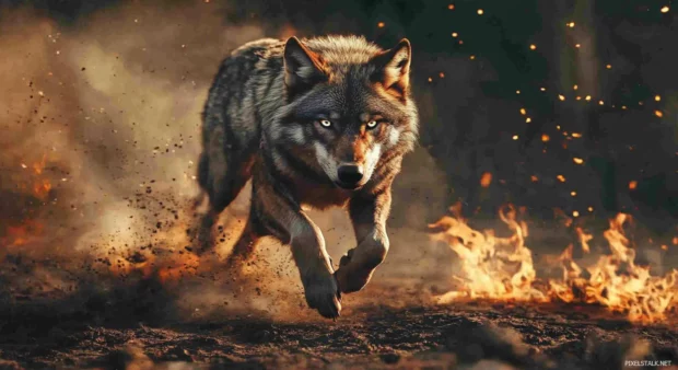 With sparks flying, a flaming wolf leaps over scorched earth.