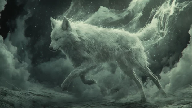 With stars swirling around its body, the ancient wolf spirit awakens in this magical wolf background.