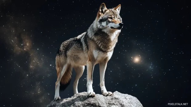 With swirling galaxies in its fur, a majestic wolf stands on a meteor rock.