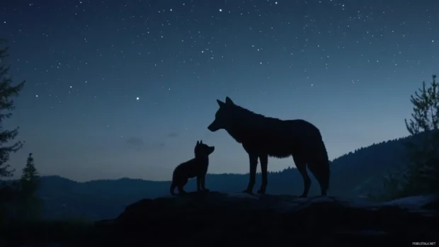 Wolf and cub on mountain edge under starlit sky.