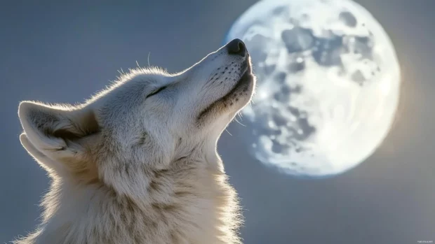 Wolf and moon wallpaper featuring a white wolf gazing at a giant blue moon in the mountains.