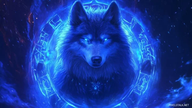 Wolf desktop wallpaper showcasing a tribal inspired blue wolf surrounded by glowing runes.