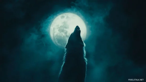Wolf desktop wallpaper showing a majestic grey wolf howling beneath a glowing full moon.