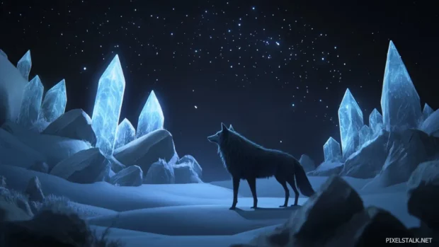 Wolf desktop wallpaper where a mythical wolf glows under a floating crystal sky.