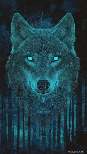 Wolf iPhone wallpaper featuring a tribal wolf design etched in glowing lines over a dark forest.