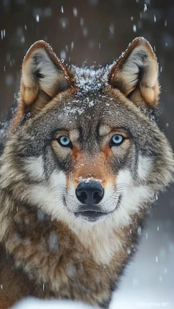 Wolf iPhone wallpaper showing a fierce grey wolf with piercing blue eyes under falling snow.