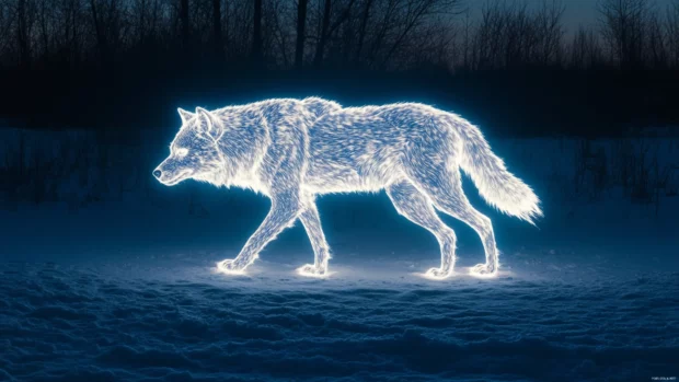Wolf moon wallpaper showing a glowing energy wolf formed by moonlight on snowy ground.