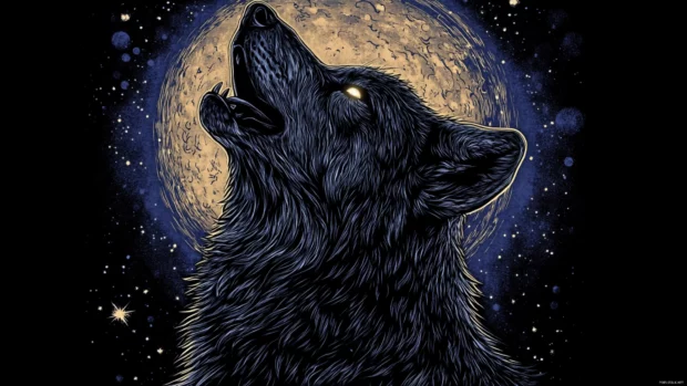 Wolf moon wallpaper showing a majestic black wolf howling under a glowing full moon.