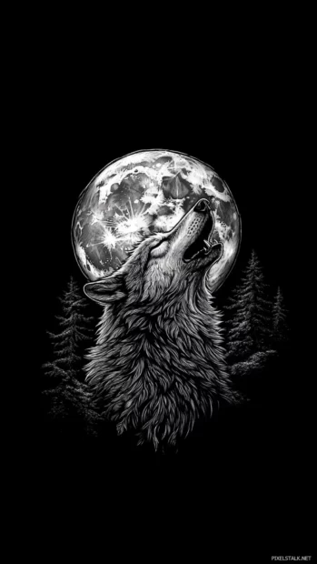 Wolf moon wallpaper showing a stylized full moon glowing behind a howling wolf profile.