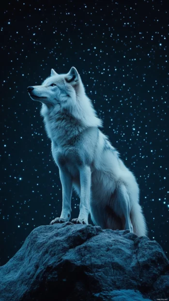 Wolf mountain wallpaper featuring a close up view of a white wolf on a cliff under starlight.
