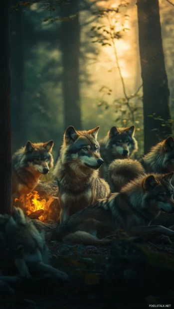 Wolf pack wallpaper with wolves resting around a glowing fire deep in the forest.