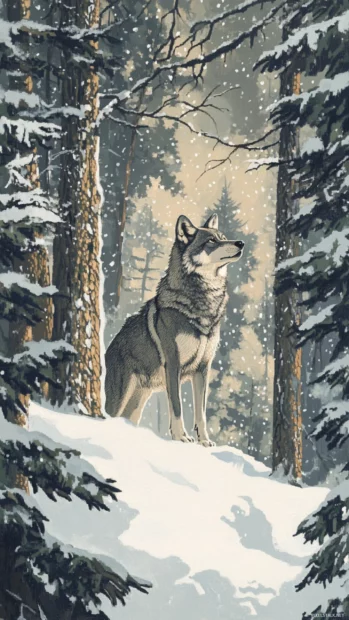 Wolf phone wallpaper showing a majestic grey wolf standing under snowfall in a pine forest.