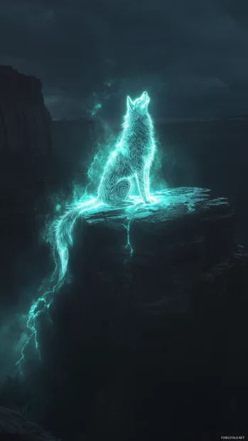 Wolf phone wallpaper showing a tribal style glowing wolf howling over a canyon filled with fog.