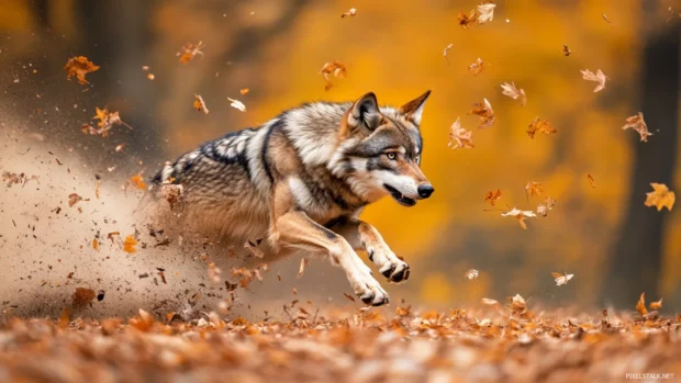 Wolf sprinting past with swirling debris, intense close up wallpaper.