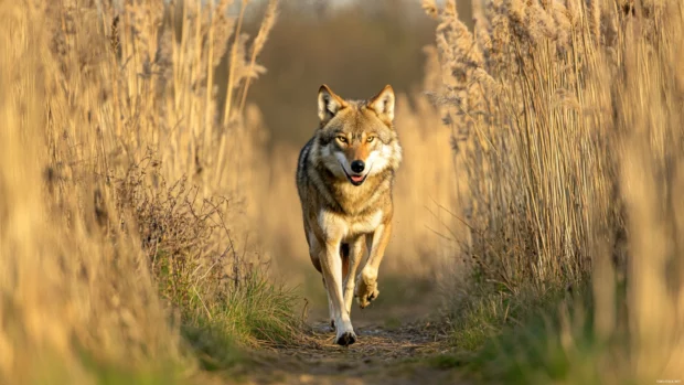 Wolf sprints through reed trail, backlit glow highlighting its speed.