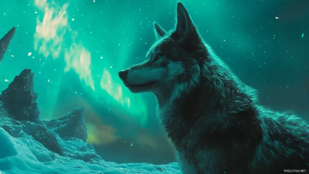 Wolf under aurora sky  as vibrant waves of light dance above icy mountains.