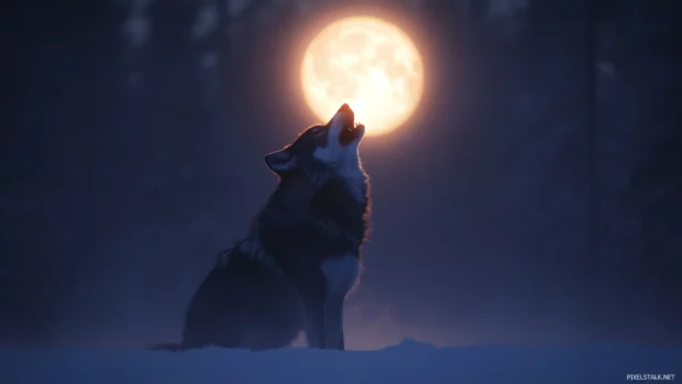 Wolf under full moon backlight.