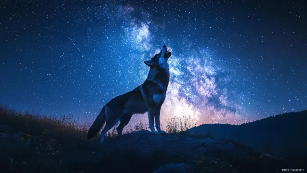 Wolf under starry sky howling at a glowing moon in the middle of a quiet field.