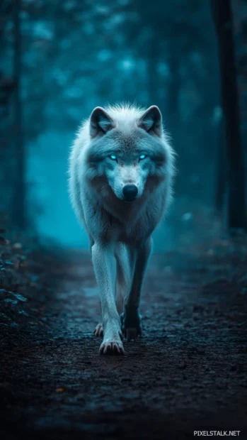 Wolf wallpaper HD for iPhone showing a glowing white wolf walking through a mystical path surrounded by blue fog.