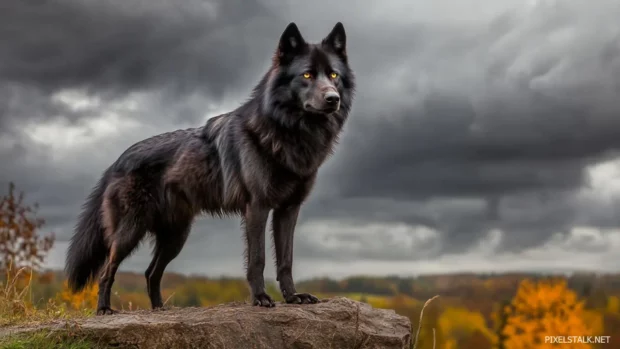 Wolf wallpaper HD showing a fierce black wolf standing on a cliff with glowing eyes under stormy clouds.