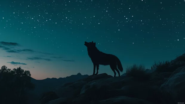Wolf wallpaper featuring a night sky filled with stars as a silhouette of a wolf howls beneath.