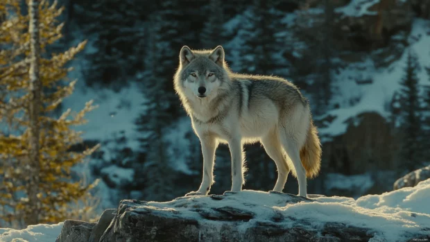 Wolf wallpaper in the mountains showing a majestic grey wolf standing on a rocky cliff at sunrise.
