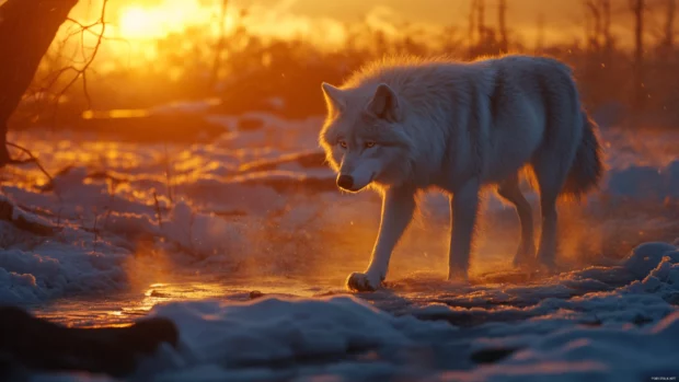 Wolf wallpaper showing a majestic grey wolf walking through a snowstorm at sunset.
