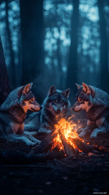 Wolves gathered near firelight in a quiet forest wallpaper.