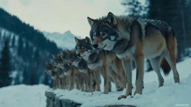 Wolves lined up across a snowy ledge all stare forward with intense focus.