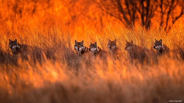 Wolves walking through grasslands glowing in sunset light.