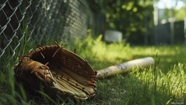 Worn baseball glove on grass wallpaper, A nostalgic baseball glove lying next to a bat by the chain link fence.