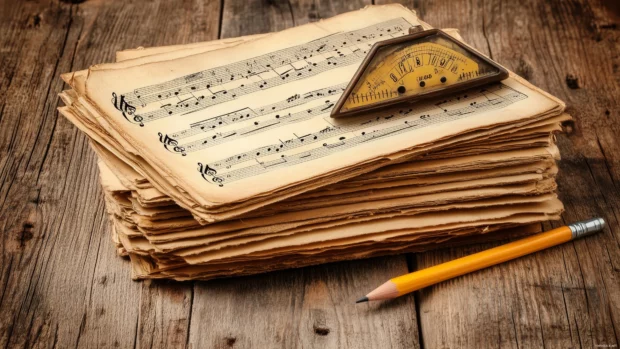 Worn out metronome and pencil vintage style shot stack of old sheet music yellowed pages nostalgia and history.