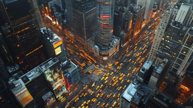 Yellow taxis stream through the bustling heart of New York City.
