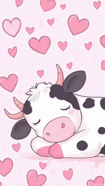 adorable cow aesthetic wallpaper showing a sleeping cartoon cow with heart spots.