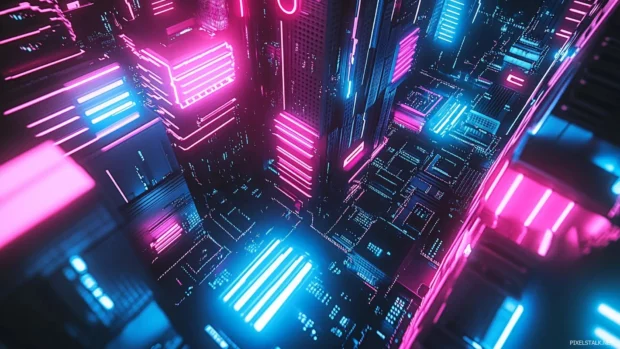 bathed in a neon pink and blue glow.
