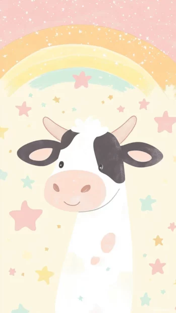 cow illustration iPhone wallpaper with stars and a pastel rainbow behind the cow.