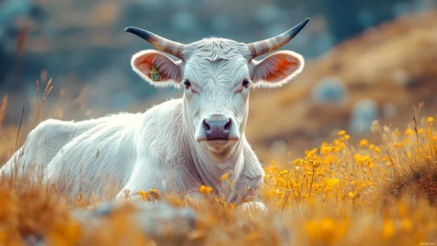 cute cow in 4K resolution with the cow looking directly at the camera.