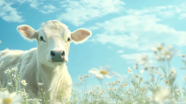 desktop scene with cow and flowers with a soft breeze effect.