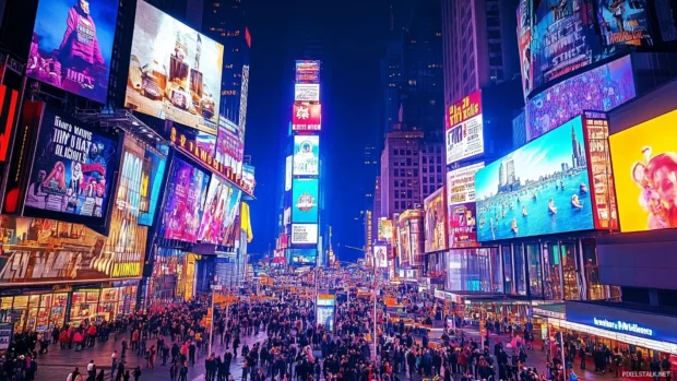 imes Square at night, filled with bright billboards and bustling crowds.