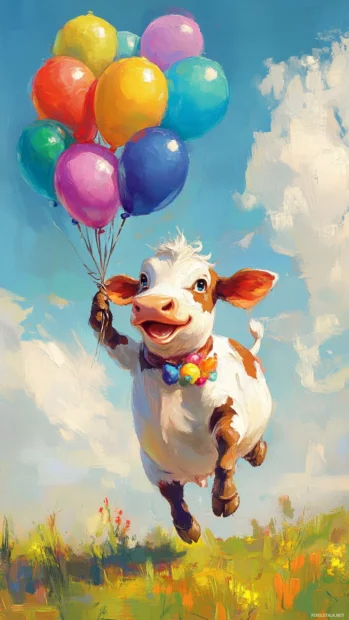 pastel cow art for phone with a happy cow holding balloons.