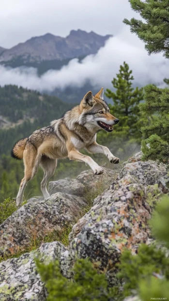  scene of a wolf bounding up a rocky slope surrounded by swirling mist.