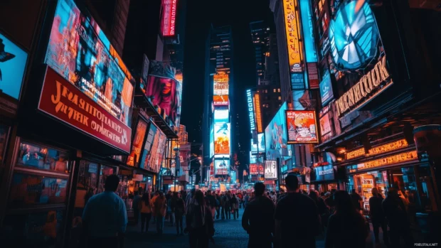 simple Square at night, filled with bright billboards and bustling crowds.