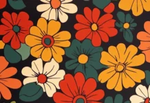 1970s inspired retro floral wallpaper in groovy design with daisy patterns.