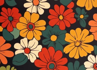 1970s inspired retro floral wallpaper in groovy design with daisy patterns.