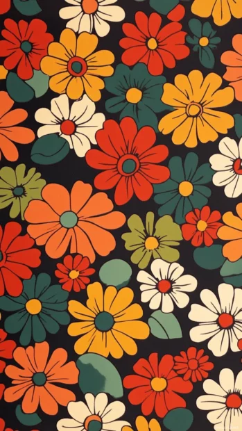1970s inspired retro floral wallpaper in groovy design with daisy patterns.