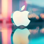 3D Apple logo floating over blurred abstract landscape, futuristic vibe.
